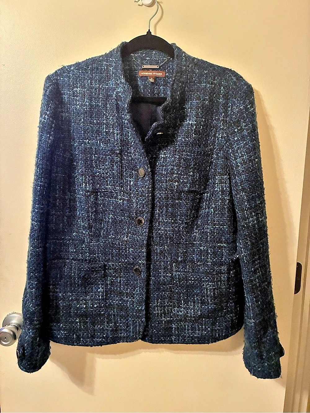 Adrienne Vittadini Wool Blend Blue Tweed Blazer Jacket Office Chic EUC 14